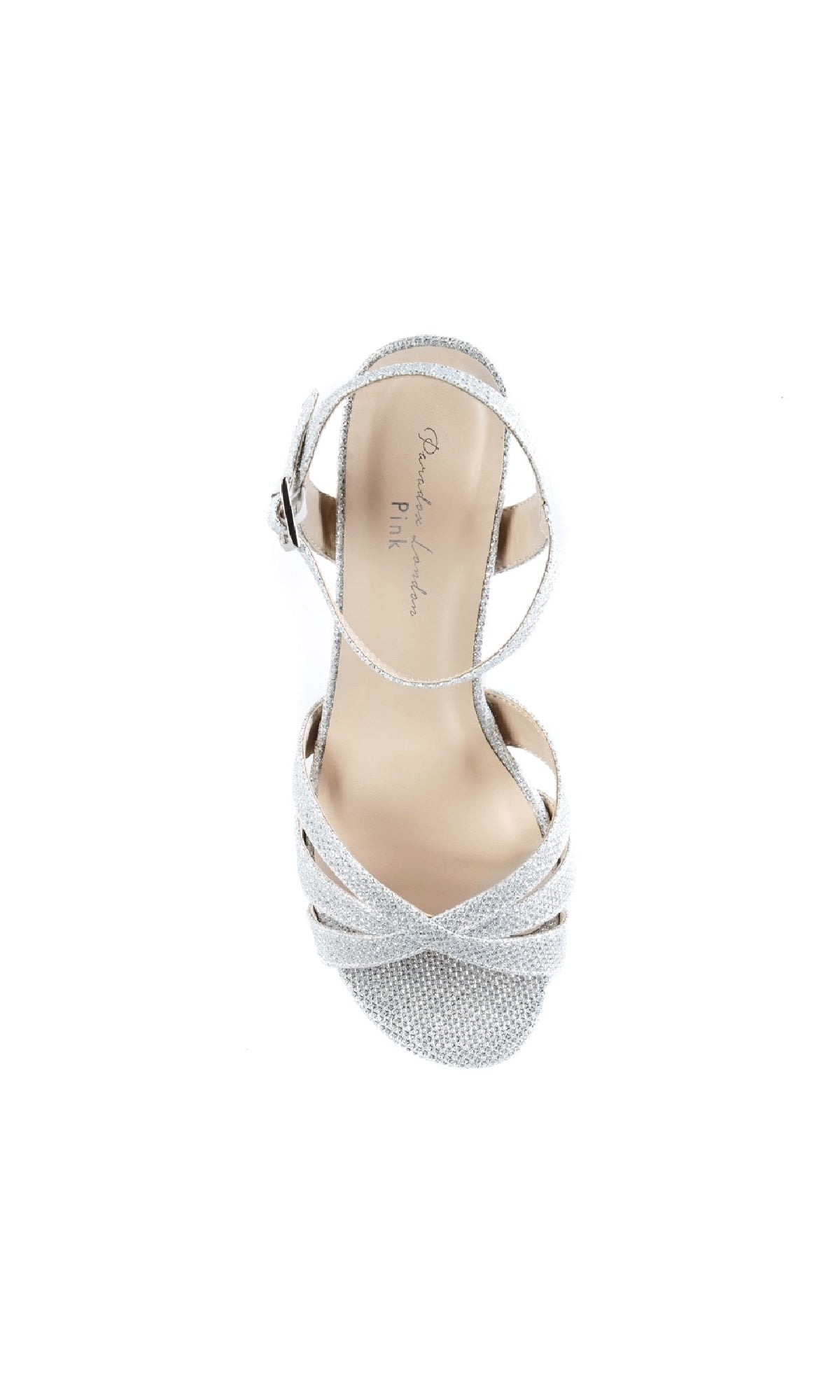 The Colette Sparkly Silver Prom Shoes (Paradox London P1801) are open-toe high heel sandals with a chic ankle strap and sturdy block heels, displayed from above on a white background.